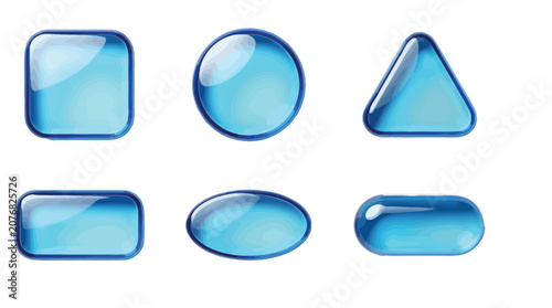 Set of glossy blue glass shapes featuring various geometric forms with smooth rounded reflective edges