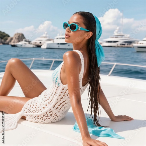 Young woman relaxing on a yacht deck in summer with sunglasses  