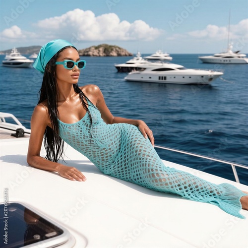 Young woman lounging in swimsuit on boat with sea background  