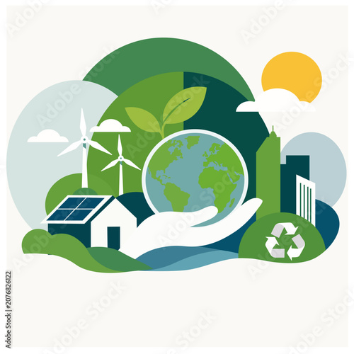 Sustainable Future Concept with Renewable Energy, Recycling and Green City Vector Illustration