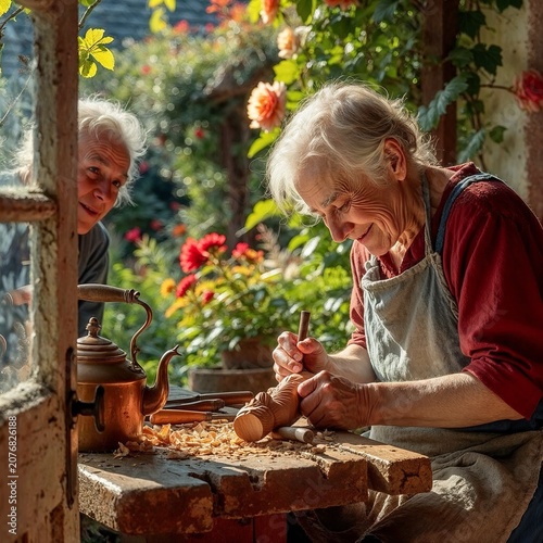 Elderly man carving wood while smiling in workshop surrounded by flowers  