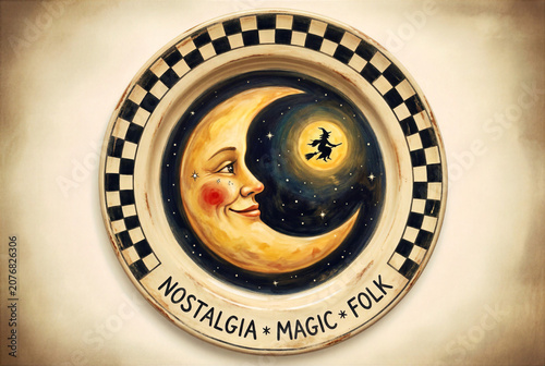 This whimsical moon dish, or moon face platter, captures a magical night sky. A small witch on a broomstick flies near the celestial orb, creating a folk art masterpiece.