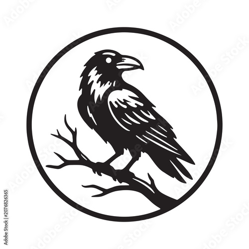 Raven sitting on bare tree branch circular graphic illustration with silhouette wildlife minimalist