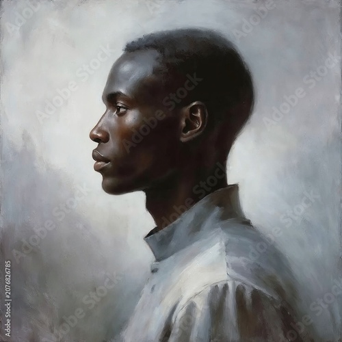 Young black man in profile with serious expression on grey background  