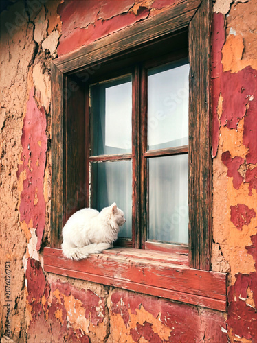 white, often called a kitty or fluffball, rests peacefully on a rustic ledge. This little mouser sits beside a cracked, peeling red wall and an old wooden window frame.