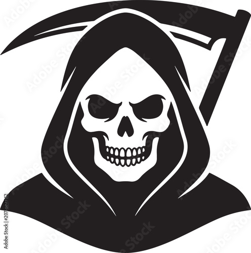Grim reaper with hooded skull and scythe, black and white of death symbol for halloween and gothic projects also transparent background