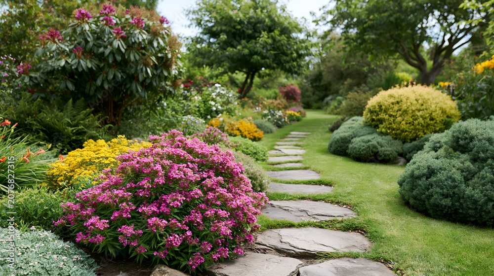 Obraz premium Stone path meanders through colorful flowering garden with tall trees.