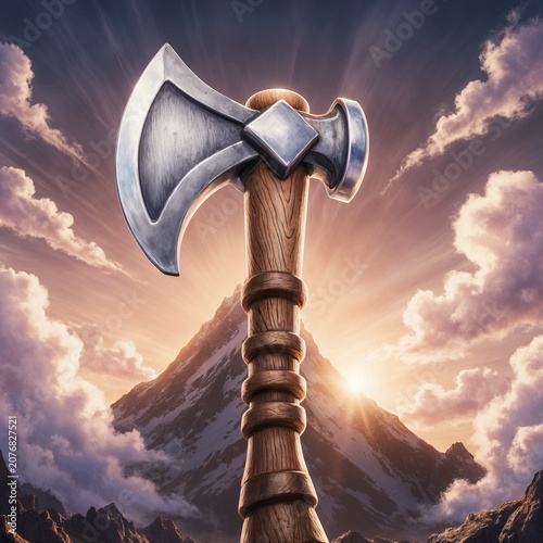 Fantasy axe with metal blade against mountain landscape at sunset  