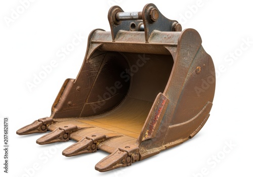 A Heavy Duty Steel Excavator Bucket Resting Against A Pure White Background