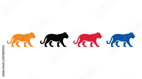 Four Big Cats in a Row: A vibrant collection of four stylized big cat silhouettes in distinct colors—orange, black, red, and blue—stand in a sequential line, creating a bold graphic statement.