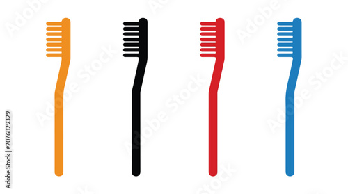 Colorful Toothbrushes Lineup: A vibrant display of four differently colored toothbrushes, neatly arranged in a row, symbolizing personal hygiene and daily routines.
