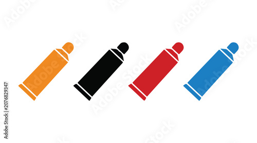 Tube Collection: A vibrant collection of four squeeze tubes in orange, black, red, and blue, showcasing diverse color options and a clean, modern design.