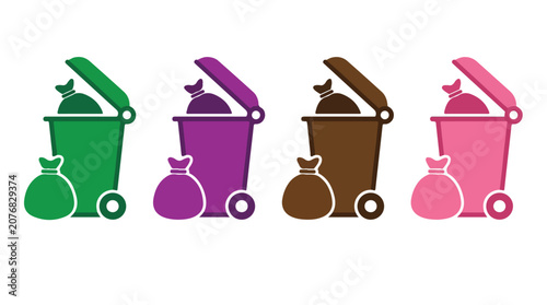 Colorful Recycling Bins: A set of four brightly colored recycling bins, each containing trash bags, stands ready for waste disposal, symbolizing environmental responsibility.