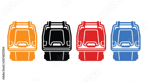 Colorful Trash Can Iconography: A set of four stylized trash can icons in orange, black, red, and blue, representing different waste sorting options and a clean environment.