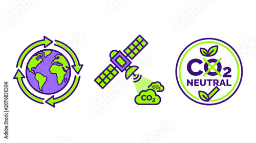 Environmental sustainability icons for recycling and carbon neutral future.
