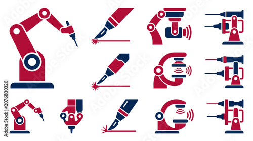 Industrial robotic arm and laser cutting machine icon set featuring clean flat vector symbols for industrial automation and smart manufacturing, isolated on a white background. Ideal for engineering, 