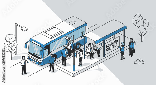 Isometric city bus stop with passengers and corporate shuttle.