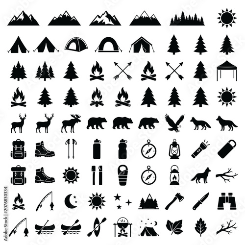 Minimalist camping and outdoor adventure icon set featuring clean flat vector symbols for hiking, camping, trekking, and nature exploration, isolated on a white background. Perfect for mobile apps, we