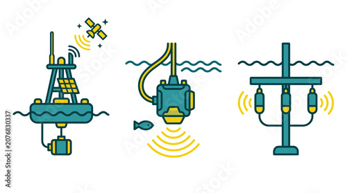 Offshore energy platform and underwater acoustic sensor icons set.