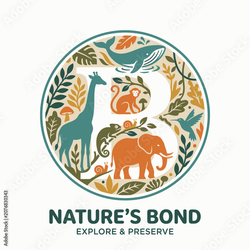 Wildlife animal collage vector within the letter B featuring detailed nature-inspired silhouettes in a modern logo design, isolated on a white background. Perfect for wildlife conservation, nature org