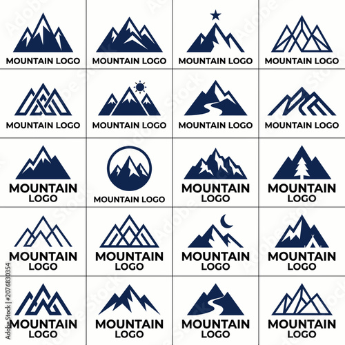 Collection of minimalist mountain logo templates featuring clean geometric peaks and modern line art designs, isolated on a white background. Ideal for outdoor brands, adventure companies, hiking club