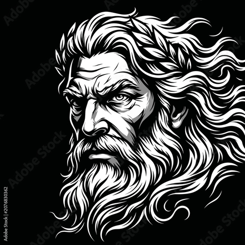 Mythological bearded man face vector illustration featuring a bold, detailed, and timeless design, isolated on a white background. Perfect for logos, branding, tattoo designs, gaming, apparel, histori