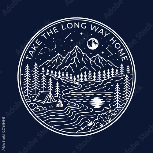 Circular mountain landscape badge vector featuring pine trees, layered mountains, and a starry night sky in a clean flat illustration style, isolated on a white background. Perfect for outdoor brands,
