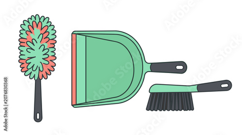 Cleaning tools vector set featuring a green dustpan and brush with a colorful feather duster in a clean flat illustration style, isolated on a white background. Ideal for cleaning services, housekeepi