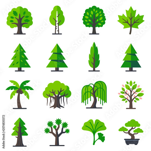 Set of sixteen green tree vector icons featuring clean flat and minimalist designs, isolated on a white background. Ideal for maps, landscaping projects, urban planning, environmental graphics, archit