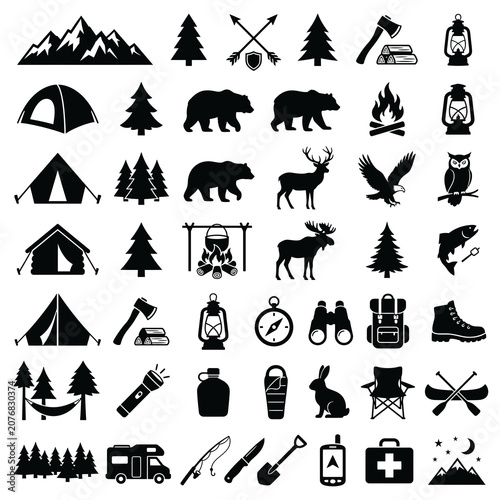 Flat black camping and outdoor activity icon vector set featuring clean minimalist symbols, isolated on a white background. Perfect for mobile apps, websites, user interfaces, travel guides, adventure