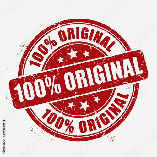 Red 100% Original distressed rubber stamp vector featuring a circular vintage design with a grunge texture, isolated on a white background. Ideal for product packaging, quality assurance, authenticity