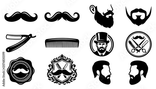 Barbershop Grooming Symbols with Mustache Beard Razor and Hair Comb Icons