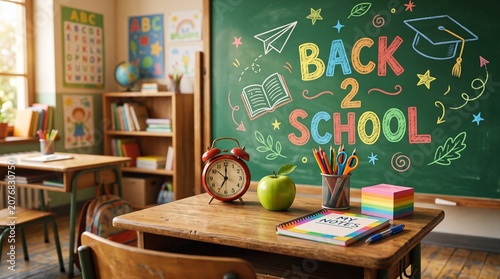Back to School Classroom Scene with Chalkboard and Desk