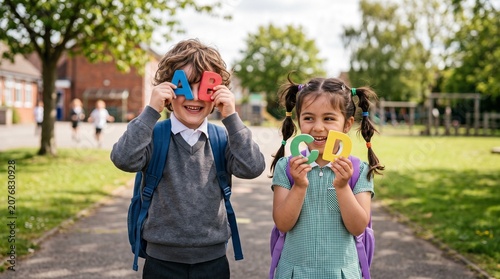 Children holding alphabet letters at school