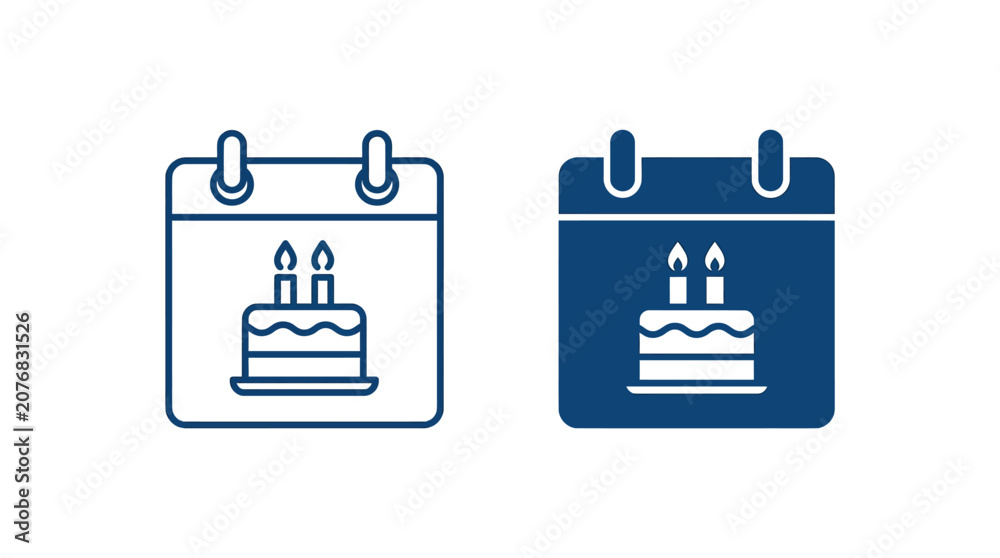 Fototapeta premium Blue calendar icons featuring a birthday cake with two candles in a flat vector style