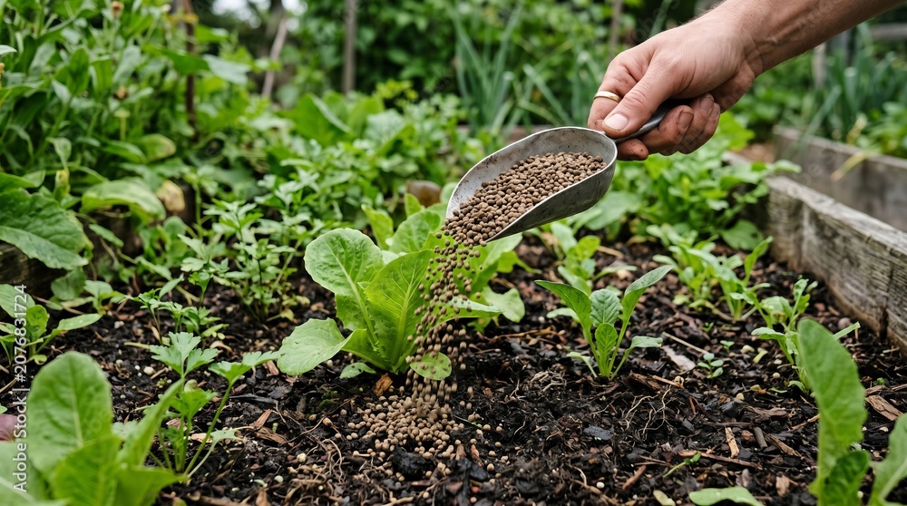Fototapeta premium Man applies organic pest control pellets to vegetable garden soil. Farmer protecting lettuce plants from slugs and snails using eco-friendly repellent. Agricultural pest management technique