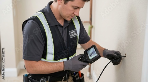 Pest control technician using an inspection camera to check for bugs inside a building wall. Professional exterminator with equipment for home maintenance and insect damage detection