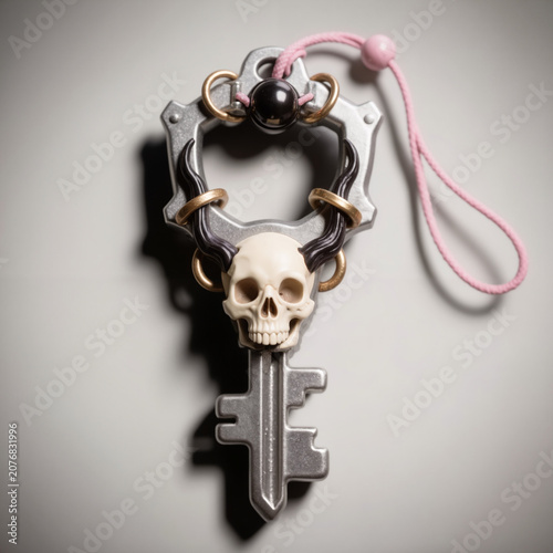 Skull keychain with decorative elements and pink strap on grey background  