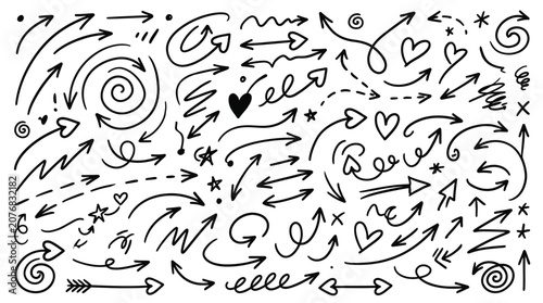 Hand drawn black ink arrows and doodle shapes isolated on a clean white background surface