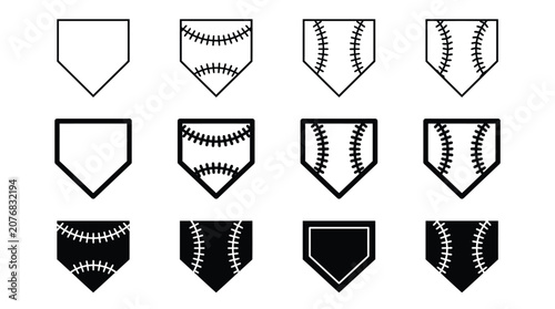 Set of black and white baseball home plate icons with various stitching styles and designs