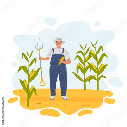 Great corn harvest. Farmer in hat and overall. Happy satisfied farmer. Vector illustration for harvest festival, agribusiness blog