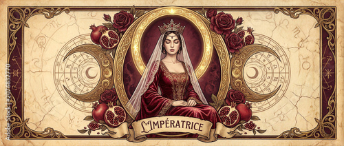 Regal LImpératrice figure sits centered, adorned as a divine sovereign or tarot queen. This mystical lady is surrounded by pomegranate fruit, blooming roses, and intricate zodiac wheels.