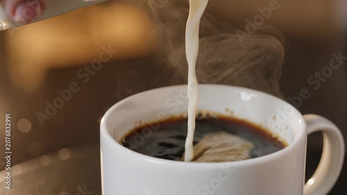 Close-up of hand pouring creamy milk into steaming hot coffee, illustrating morning ritual and comfort.