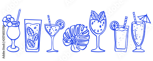 Doodle tropical drink glasses and palm leaf design element. Hand-drawn summer cocktail drinks, tropical monstera leaf line art. Tropical cocktail set, monstera leaf, doodle style drink illustration
