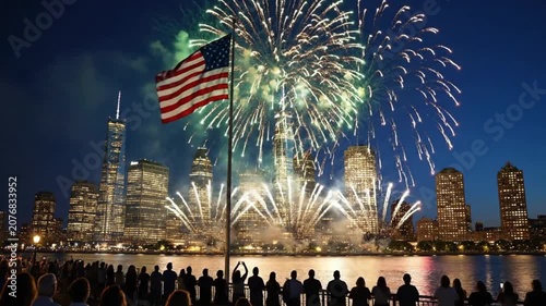 Crowd watching fireworks over the new york city skyline with an american flag in the foreground