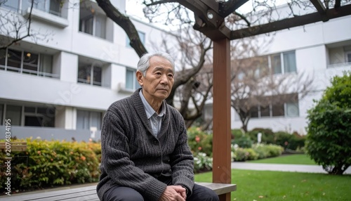 Senior Asian man sitting on park bench alone.