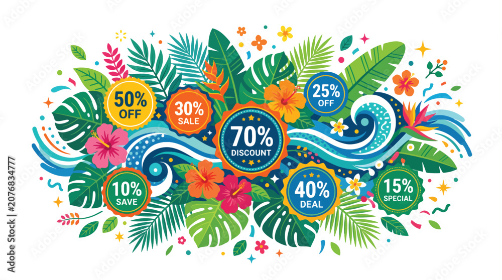 Fototapeta premium Vibrant summer sale banner with tropical leaves, flowers, and discount offers for seasonal promotions