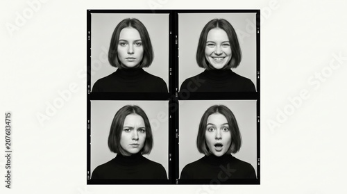 Young woman showing facial expressions in black and white contact sheet portraits, featuring happy, serious, angry and surprised emotions in vintage photo booth style