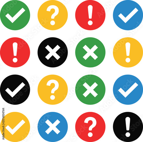 Set of colorful circle icons with check mark, cross, question mark and exclamation mark symbols for web and app user interface