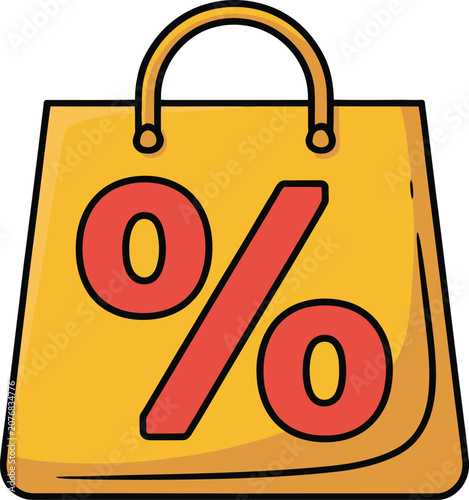 Yellow shopping bag icon with a red percent sign for retail discount sales and consumer commerce marketing promotions design